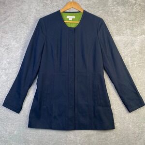 Coldwater Creek Jacket 8 Navy Blue Collarless Lime Green Lined Snap Lightweight